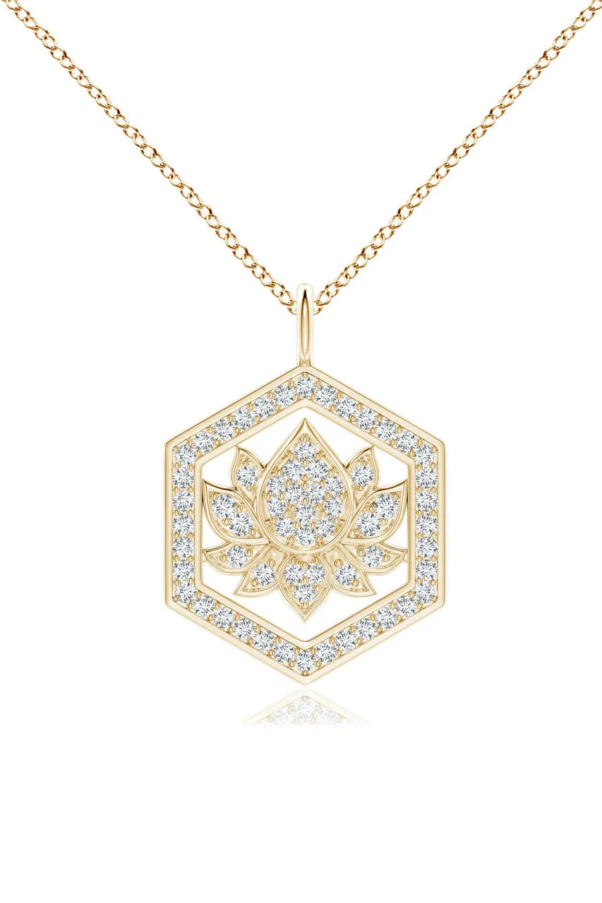 Indochine Spirit 14k Hexagon Frame Lotus Pave Diamond Pendant Necklace