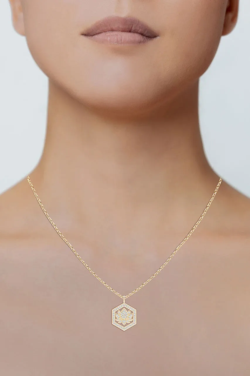 Indochine Spirit 14k Hexagon Frame Lotus Pave Diamond Pendant Necklace