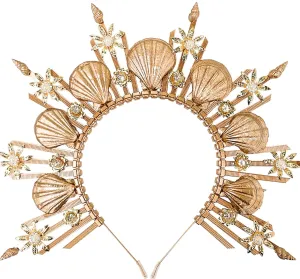 JeVenis Luxury Gold Halo Crown Headpiece Mermaid Headband Seashell Crown Headband Siren Costume Women Halloween Cosplay Renaissance