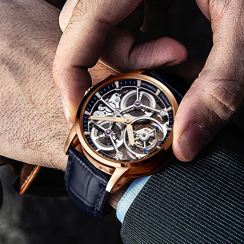 JINLERY Tourbillon Mechanical Watch Hand Wind Watch for Men Hollow Luxury Wristwatch Sapphire Glass Men Watch Relogio Masculino