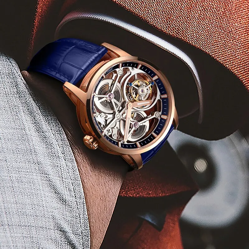 JINLERY Tourbillon Mechanical Watch Hand Wind Watch for Men Hollow Luxury Wristwatch Sapphire Glass Men Watch Relogio Masculino