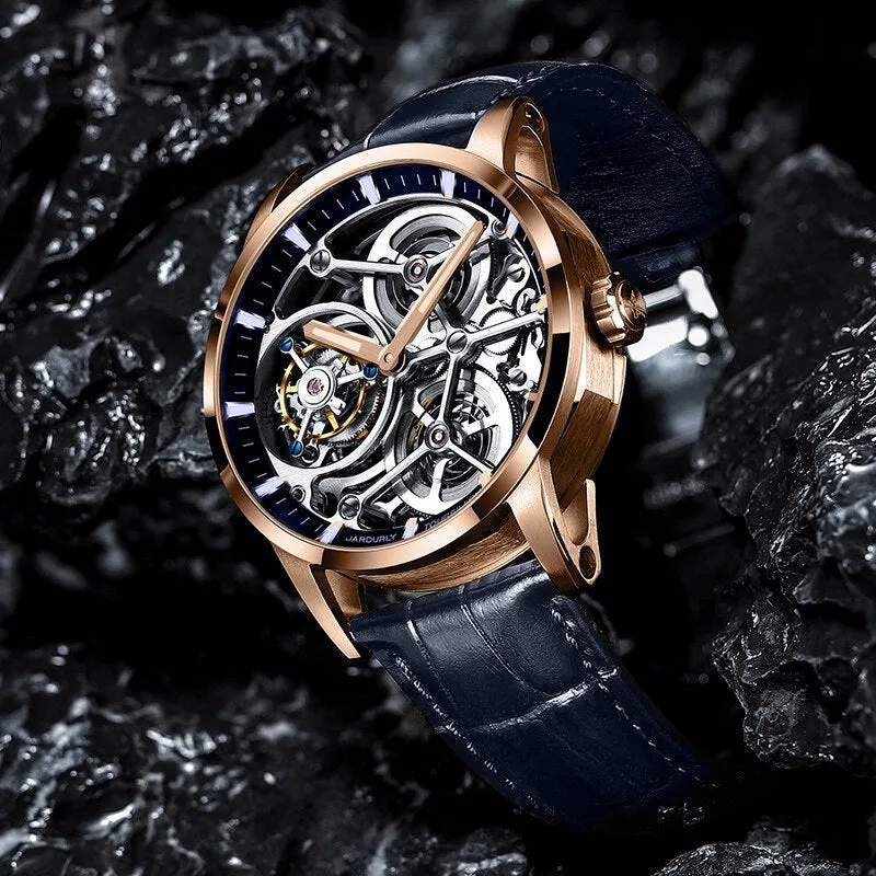 JINLERY Tourbillon Mechanical Watch Hand Wind Watch for Men Hollow Luxury Wristwatch Sapphire Glass Men Watch Relogio Masculino