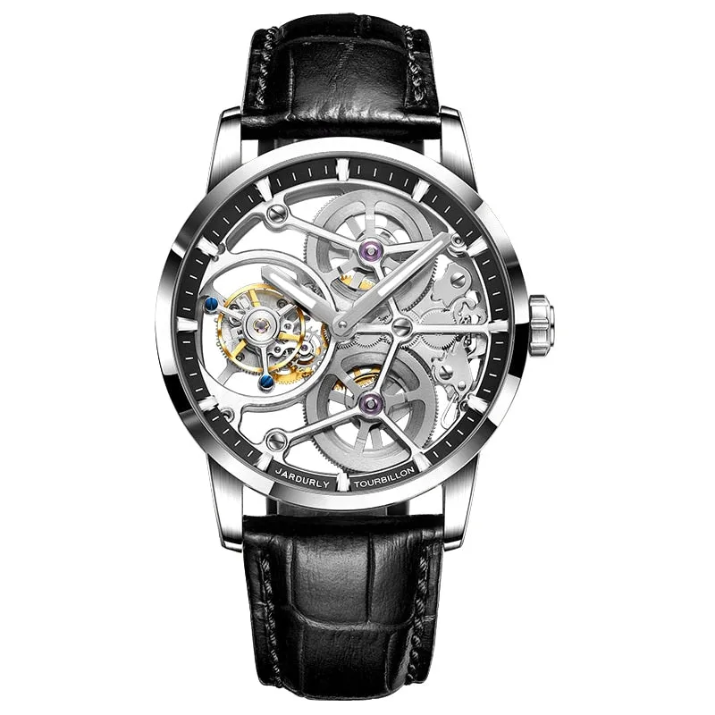 JINLERY Tourbillon Mechanical Watch Hand Wind Watch for Men Hollow Luxury Wristwatch Sapphire Glass Men Watch Relogio Masculino