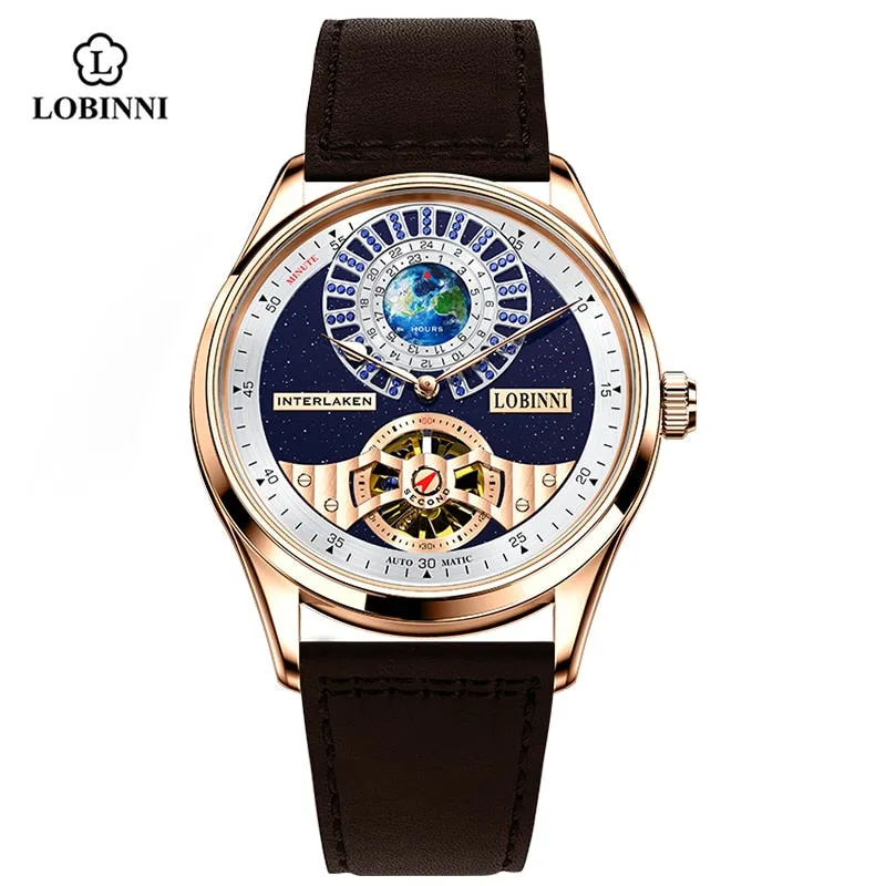 LOBINNI Tourbillon Classic Luxury Men&#39;s Automatic Watch Sapphire Glass Mechanical Wristwatch Genuine Leather Skeleton Watches