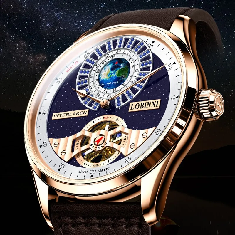 LOBINNI Tourbillon Classic Luxury Men&#39;s Automatic Watch Sapphire Glass Mechanical Wristwatch Genuine Leather Skeleton Watches