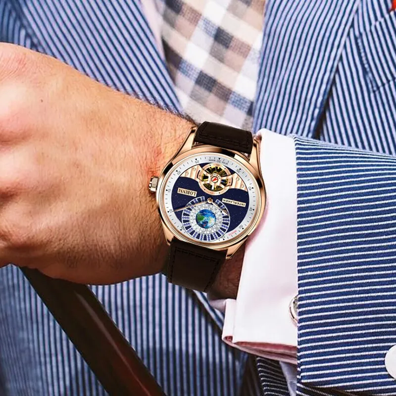 LOBINNI Tourbillon Classic Luxury Men&#39;s Automatic Watch Sapphire Glass Mechanical Wristwatch Genuine Leather Skeleton Watches