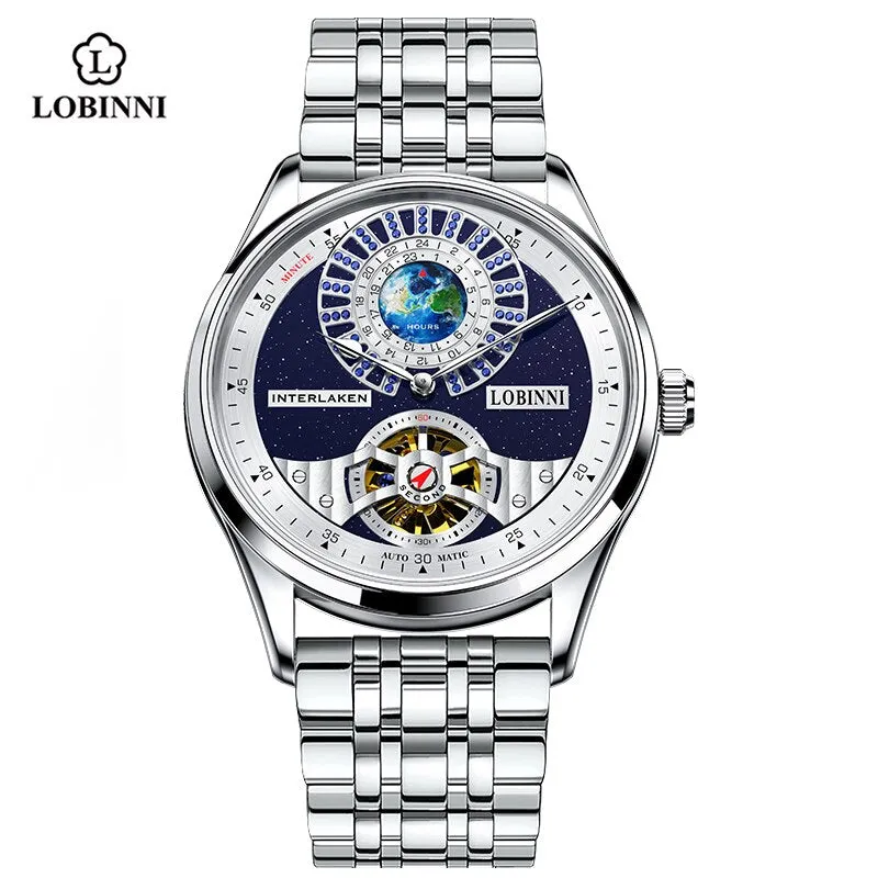 LOBINNI Tourbillon Classic Luxury Men&#39;s Automatic Watch Sapphire Glass Mechanical Wristwatch Genuine Leather Skeleton Watches