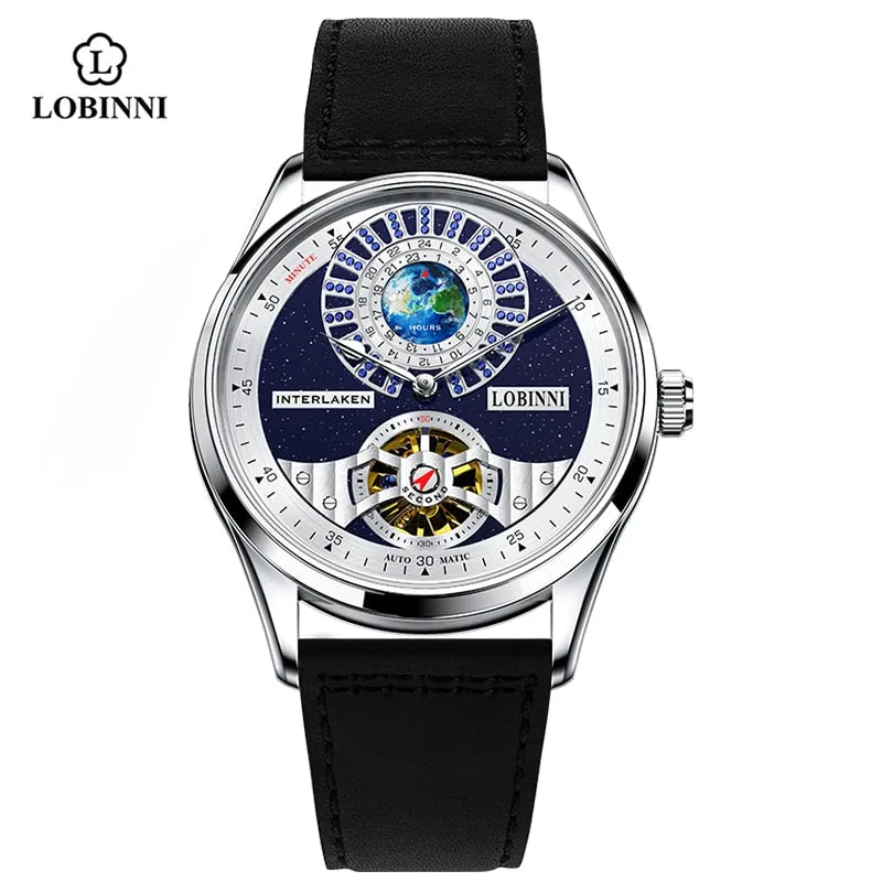 LOBINNI Tourbillon Classic Luxury Men&#39;s Automatic Watch Sapphire Glass Mechanical Wristwatch Genuine Leather Skeleton Watches