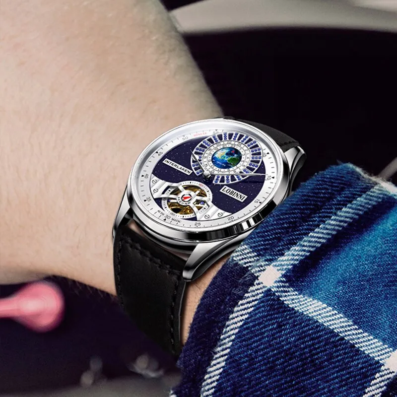 LOBINNI Tourbillon Classic Luxury Men&#39;s Automatic Watch Sapphire Glass Mechanical Wristwatch Genuine Leather Skeleton Watches