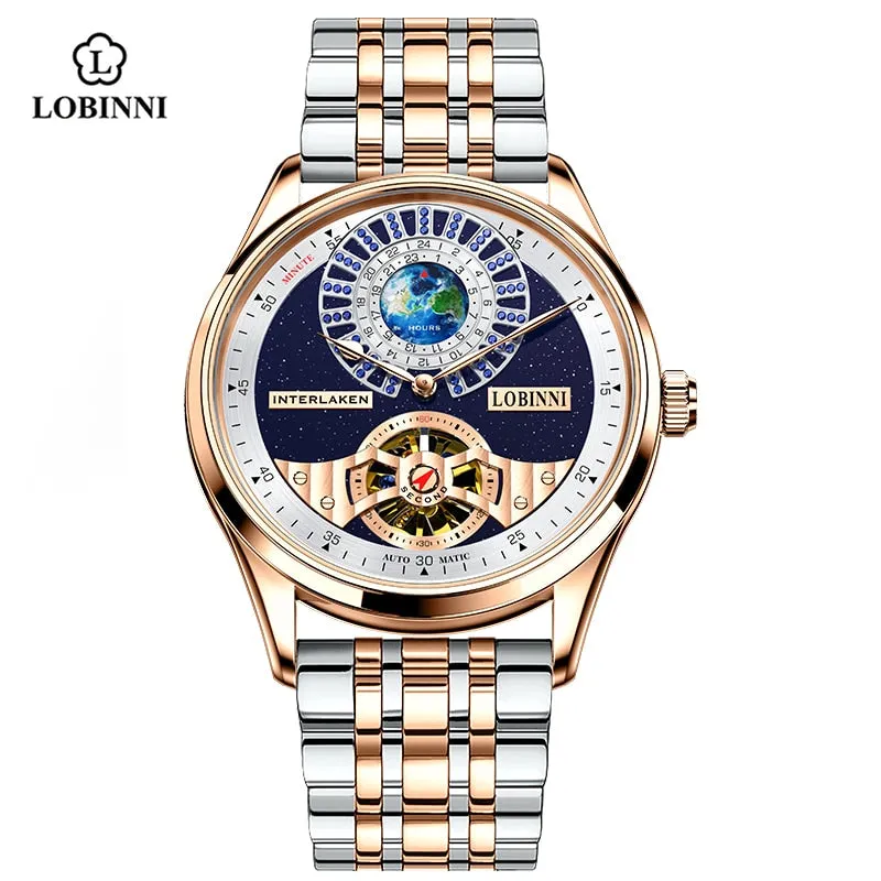 LOBINNI Tourbillon Classic Luxury Men&#39;s Automatic Watch Sapphire Glass Mechanical Wristwatch Genuine Leather Skeleton Watches