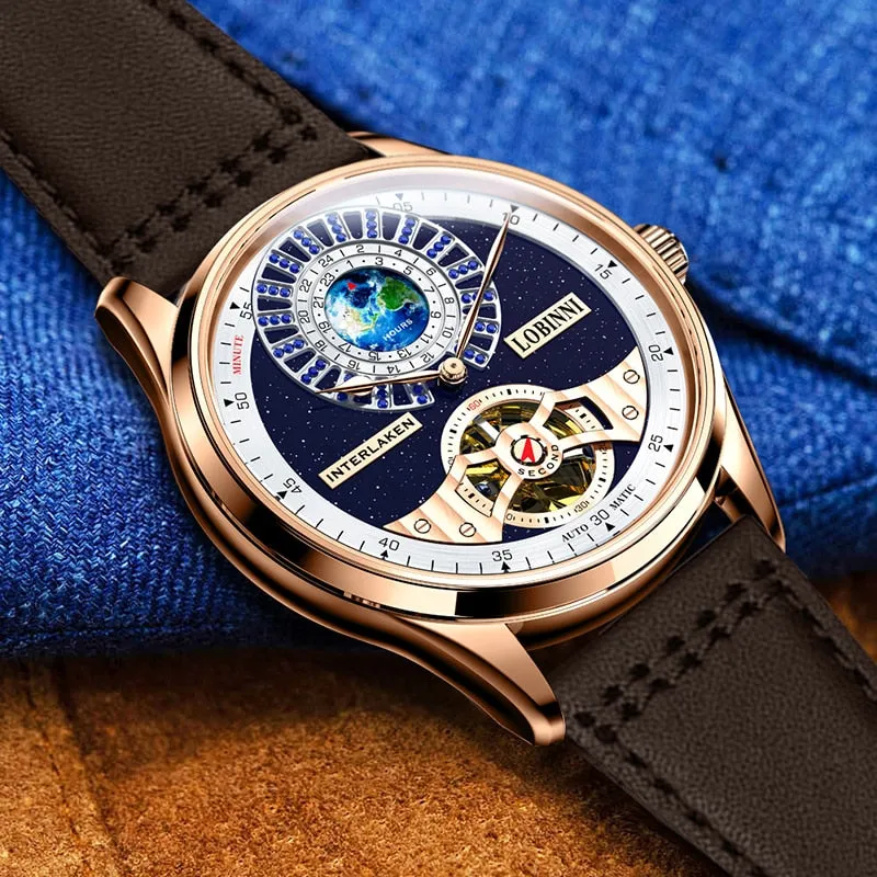 LOBINNI Tourbillon Classic Luxury Men&#39;s Automatic Watch Sapphire Glass Mechanical Wristwatch Genuine Leather Skeleton Watches