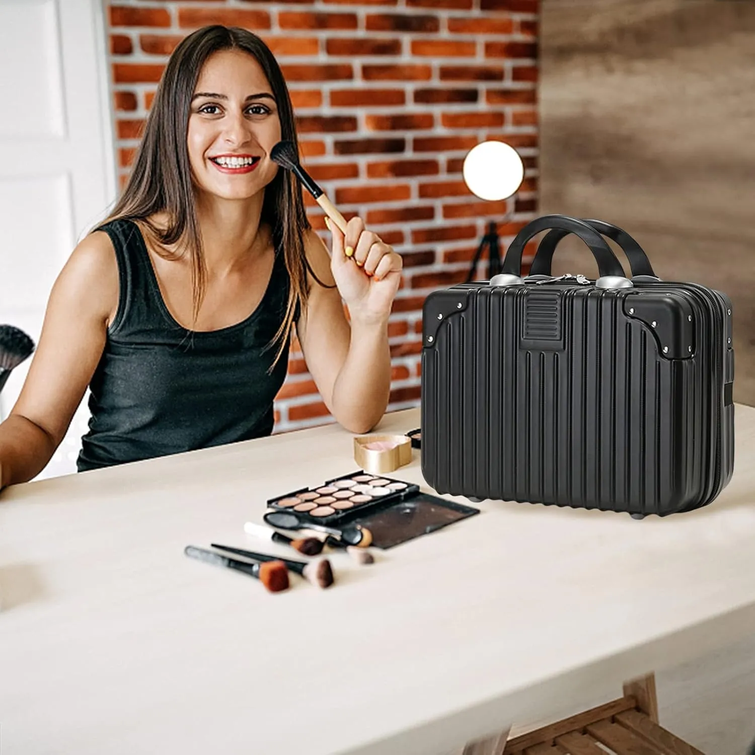Makeup Travel for Women Girl, Portable Waterproof ABS Cosmetic Case with Elastic Band and Zipper, Case Hard Shell Vanity Cases Hand Luggage Cosmetic Case