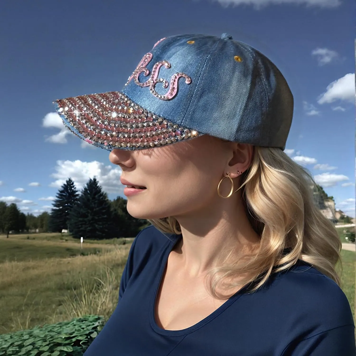 Popfizzy Bedazzled Hat for Women and Girls, Rhinestone Denim and Diamond Hat, Fun Adult Bling Hats, Sparkly Gifts, One Size