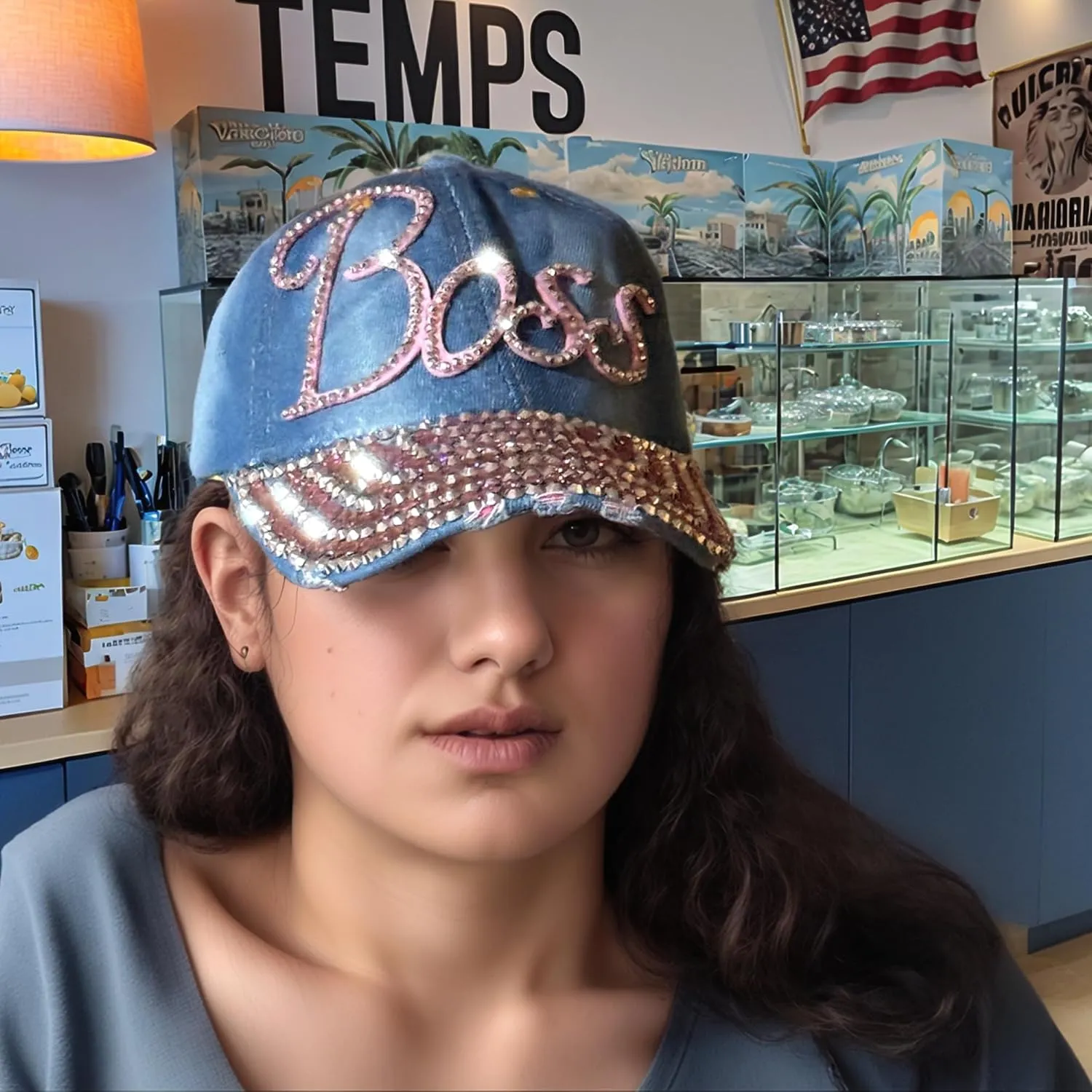 Popfizzy Bedazzled Hat for Women and Girls, Rhinestone Denim and Diamond Hat, Fun Adult Bling Hats, Sparkly Gifts, One Size