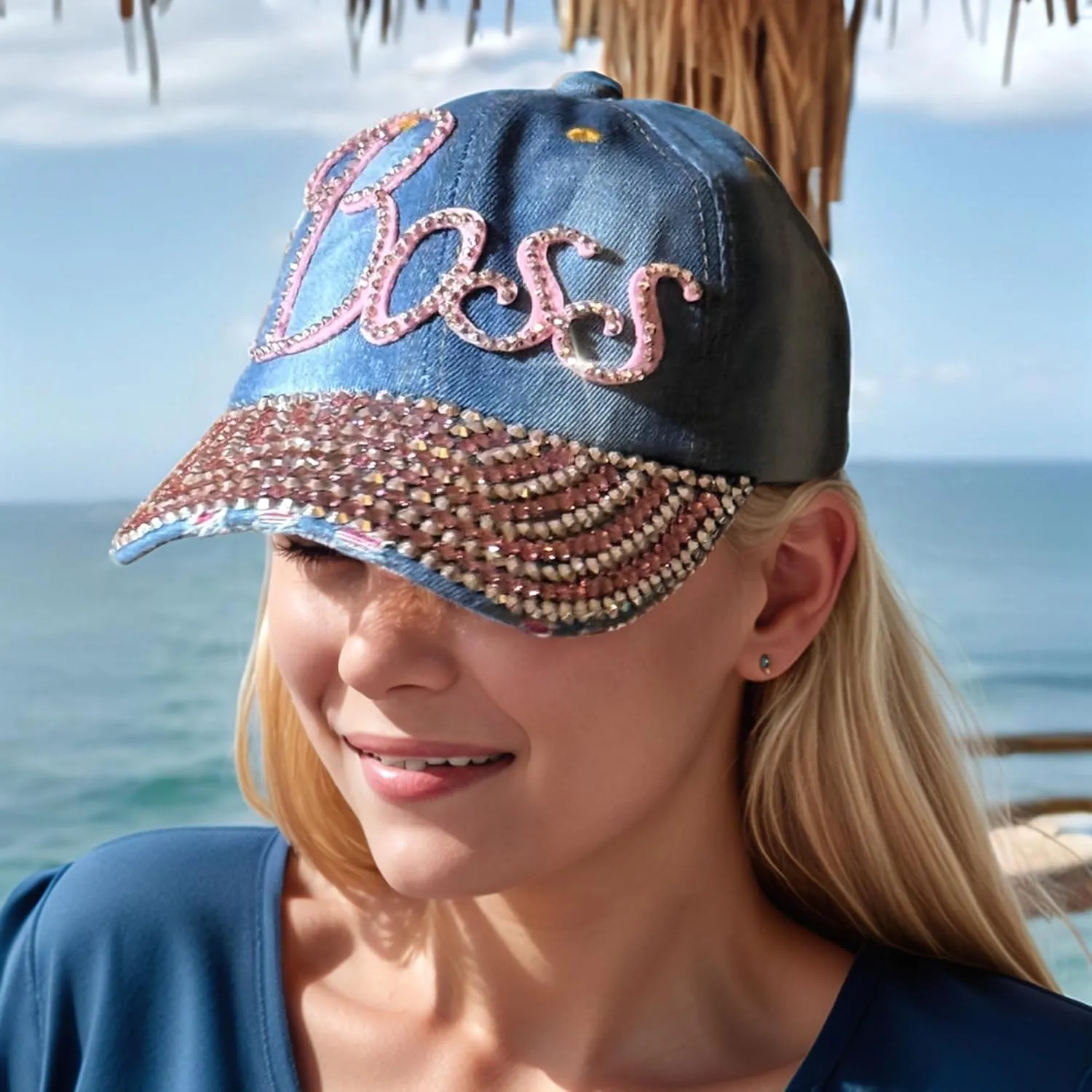Popfizzy Bedazzled Hat for Women and Girls, Rhinestone Denim and Diamond Hat, Fun Adult Bling Hats, Sparkly Gifts, One Size