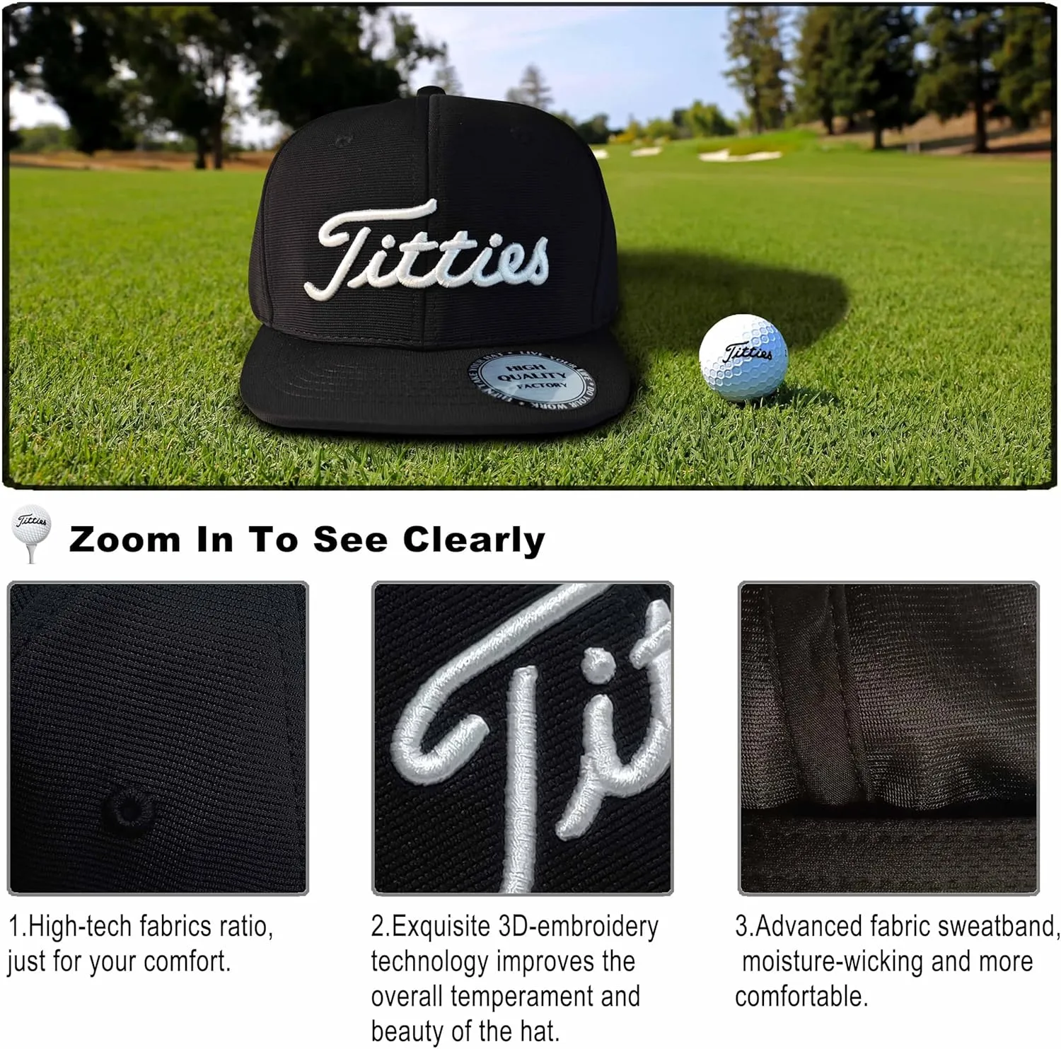 Tittiess Golf Hats Flat Bill for Men Women,Funny Titties Golf Gifts Baseball Cap for Adults Humor