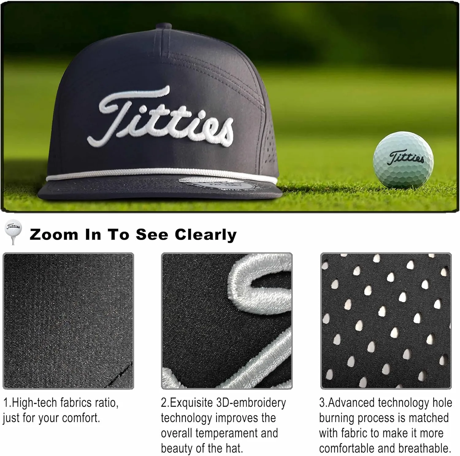 Tittiess Golf Hats Flat Bill for Men Women,Funny Titties Golf Gifts Baseball Cap for Adults Humor