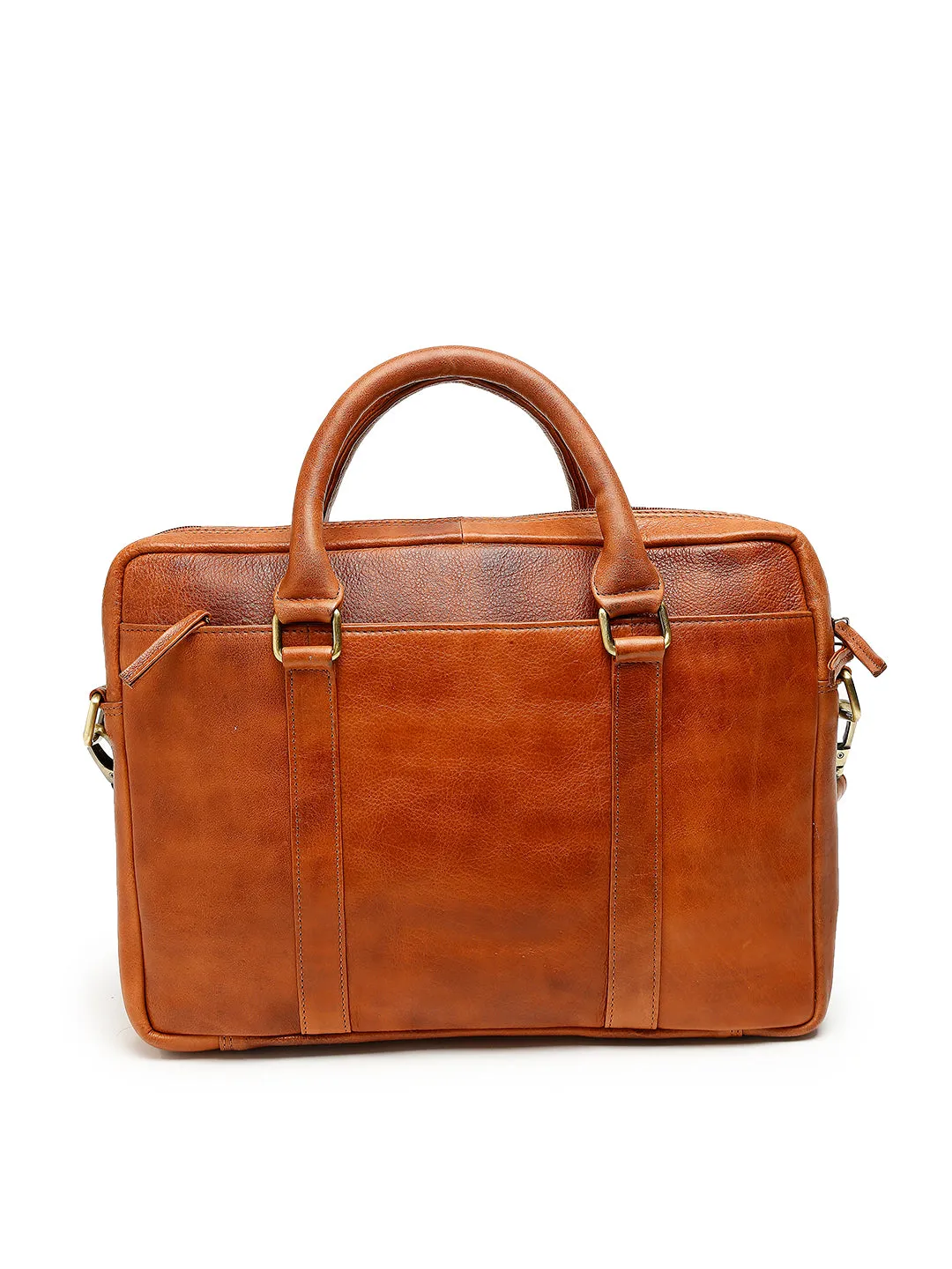 Unisex Tan Solid Genuine Leather Laptop Bag