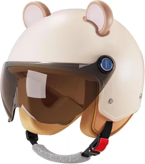 Vintage 3/4 Open Face Motorcycle Half Helmet,DOT Approved Retro Street Scooter Vespa Bike Helmets with Cat Ears,Light Quick Buckle Bicycle ATV Jet-Helmet for Moped Cruiser Chopper