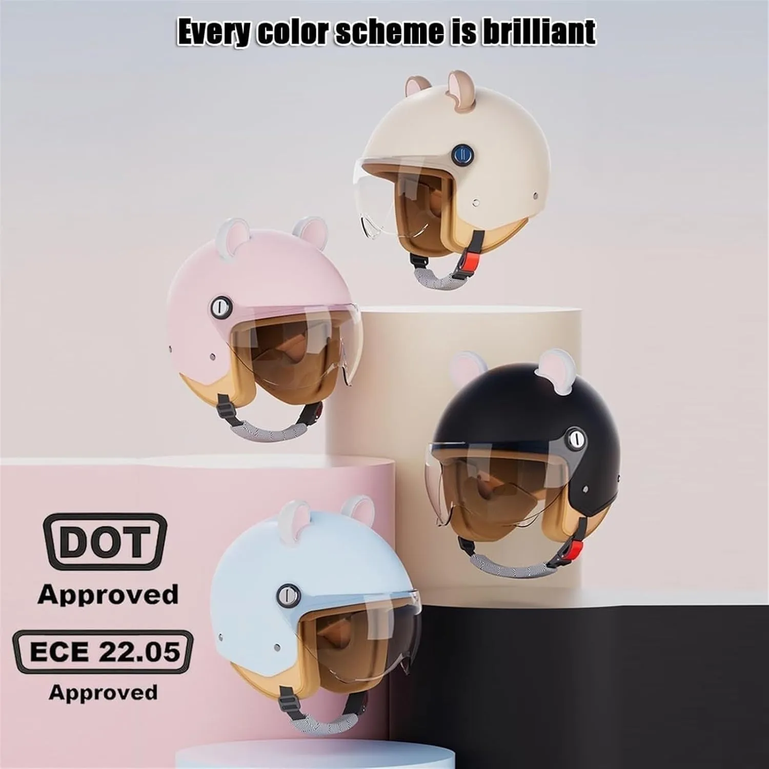 Vintage 3/4 Open Face Motorcycle Half Helmet,DOT Approved Retro Street Scooter Vespa Bike Helmets with Cat Ears,Light Quick Buckle Bicycle ATV Jet-Helmet for Moped Cruiser Chopper