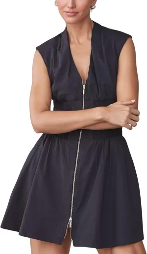 Womens V Neck Summer Dress Cap Sleeve Zipper Mini Dress Smocked Slit Dress with Pockets
